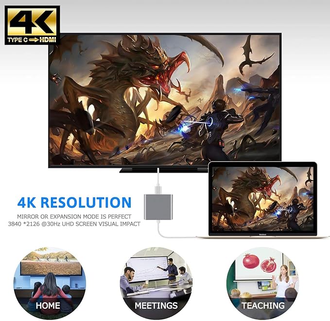 3 in 1 USB C to HDMI Adapter, Type C to 4K HDMI Adapter with 100W PD & USB 3.0 Port, Multiport Hub Compatible with MacBook Pro, iPad Air, iPhone 15/16, Laptop, TV, Switch, Monitor and More