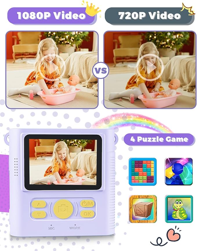 Kids Camera Instant Print, Christmas Birthday Gifts Girls Boys Aged 3-12, HD Digital Video Cameras Toddler, Instant Cameras for 3 4 5 6 7 8 9 10 Year Old Girls Boys with Print Paper