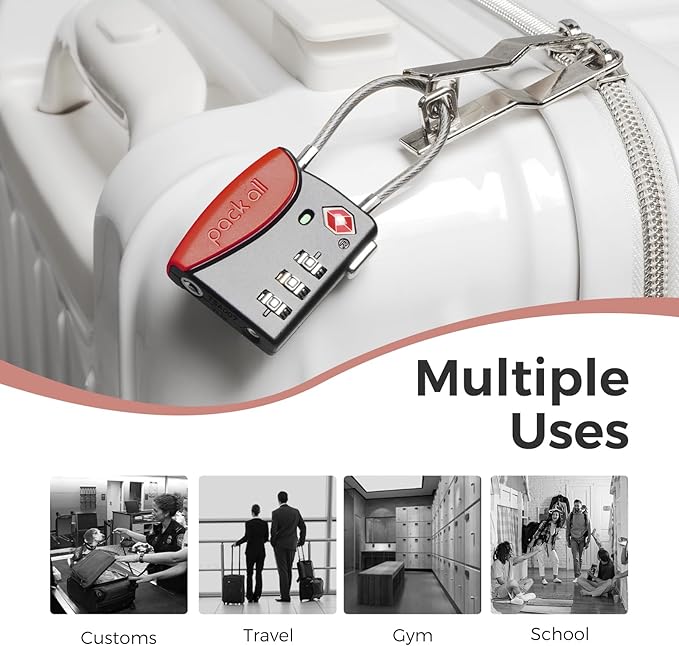 pack all TSA Approved Cable Luggage Locks, 3 Digit Combination Padlocks, Travel Lock for Suitcases & Bag, Alloy Body, Travel Accessories (1 Pack)(Red)