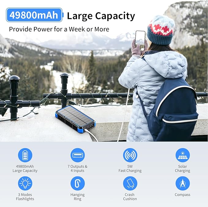 Solar Charger Power Bank 49800mAh Wireless Charger QC 3.0 Fast Charging Power Bank 8 Outputs 4 Inputs Solar Portable Charger Compatible with All Mobile Devices,SOS/Strobe/Strong Flashlights (Blue)