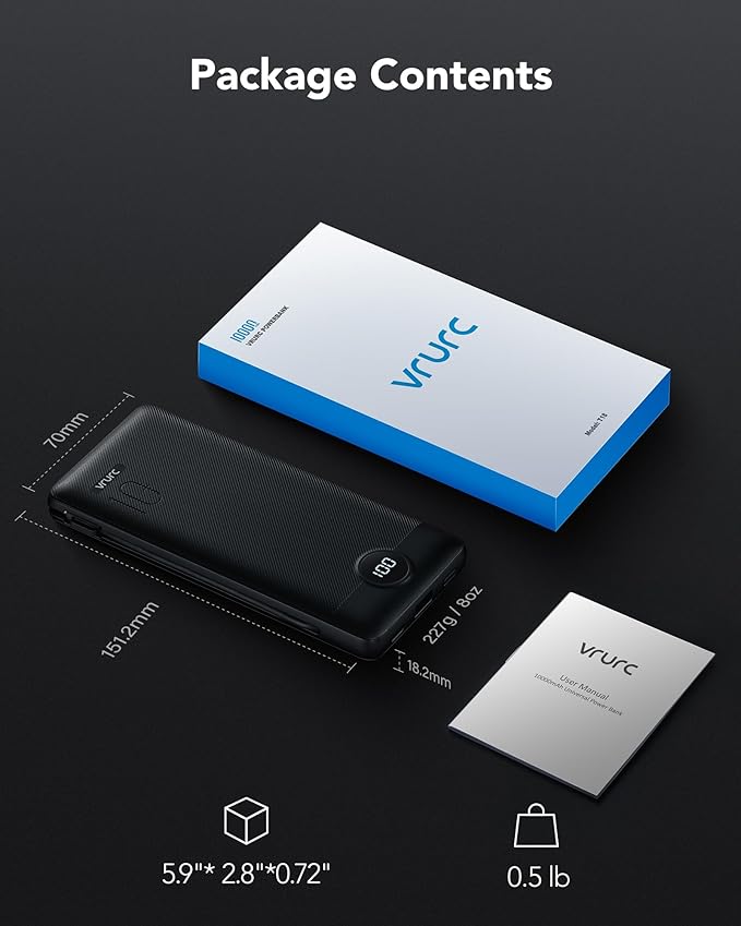 VRURC Portable Charger with Wall Plug, 10000mAh Slim Portable Charger Built in Cables,PD 20W Fast Charging Power Bank with Cords,USB C Portable Phone Charger Travel Accessories -Black(1 Pack)