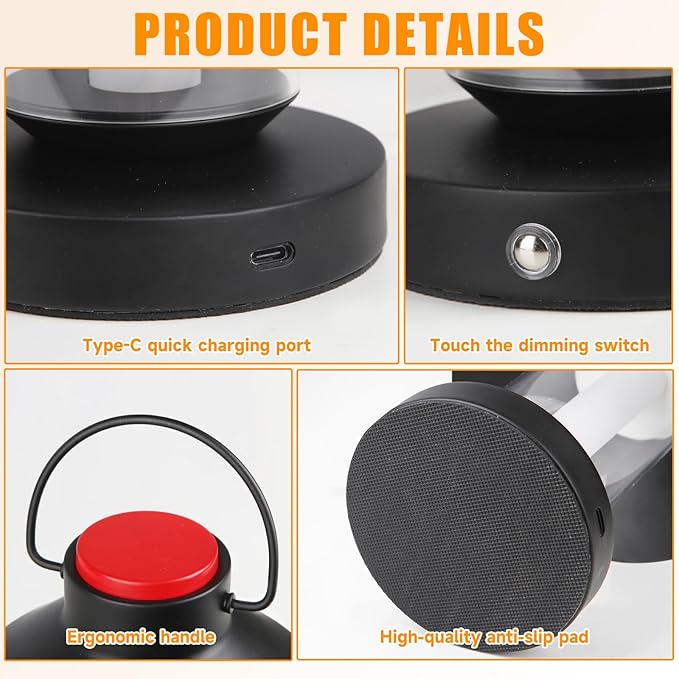 LED Cordless Table Lamp, Portable Metal Rechargeable Outdoor Table Lamp, Touch Dimming Lamp Battery Powered Small Desk Lamp Decor for Patio, Bar, Coffee Shop,Camping Lantern - Black