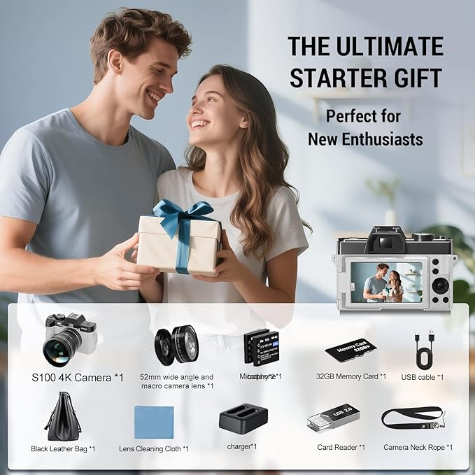 Digital Cameras for Photography with WiFi&App Control, Ture 4K&48MP Vlogging Camera for YouTube,Compact,16X Zoom Autofocus, Anti-Shake for Entry-Level User, Beginners, Macro&Wide Lens-32GB Card-White