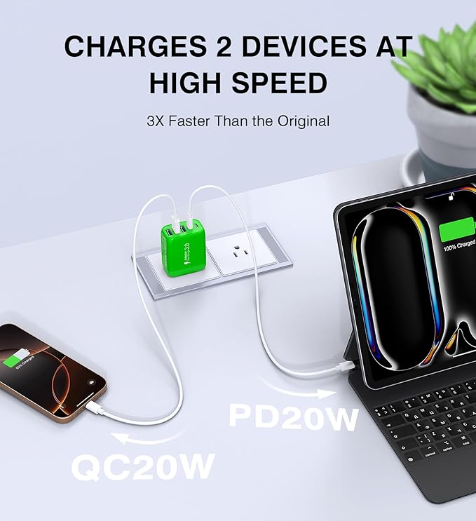 50W USB C Wall Charger Block,5-Port C Charger Fast Charging Block PD Power Adapter +QC 3.0 Multiport Type C Box Charger Cube USB A Wall Plug for iPhone 14/15/16/17 Pro Max Plus,Samsung(Green)(2-Pack)