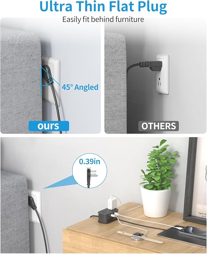 Travel Power Strip, BEVA 5ft Flat Plug Extension Cord with Retractable USB C Cable, Portable Power Strip Flat Plug 2 Outlets 3 USB Ports, Compact for Travel Hotel Cruise Essentials (Black)