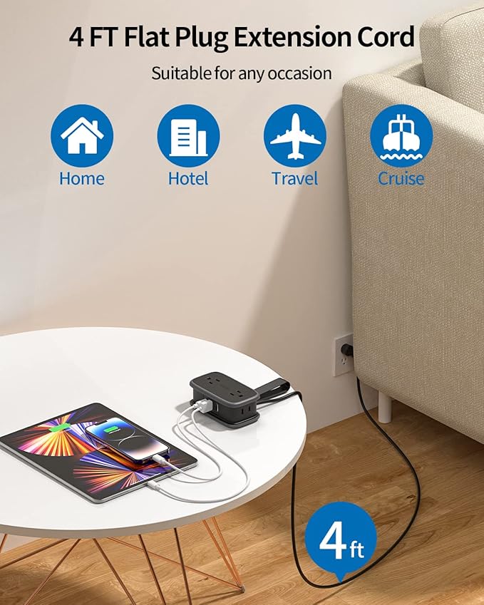2 Pack Travel Power Strip with USB C Port, NTONPOWER Flat Plug Extension Cord with 4 Outlets 3 USB (1 USB C) for Cruise Ship, 4ft Wrapped Short Extension Cord for Home Hotel Travel Essentials