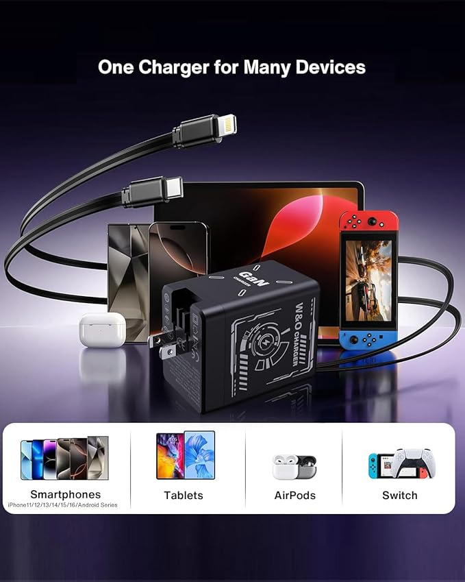 W & O 45W GaN Charger Fast Charger,Retractable Phone Charger Wall Plug with Lightening and Type-C Cables,for iPhone16/15/14/13/12/11 Series, Galaxy S25/24,Android and More(Black)