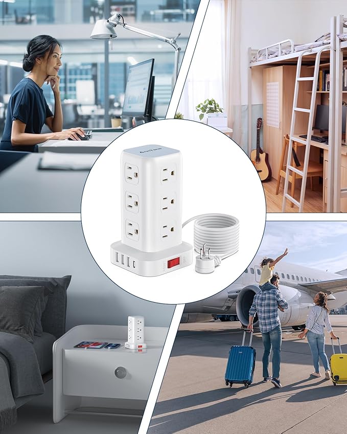 Surge Protector Power Strip 10 FT Cord, Power Strip Tower with 4 USB Ports (1USB C), Extension Cord with 12 AC Multiple Outlets, Home Office Supplies Desk Accessories, Dorm Room Essentials