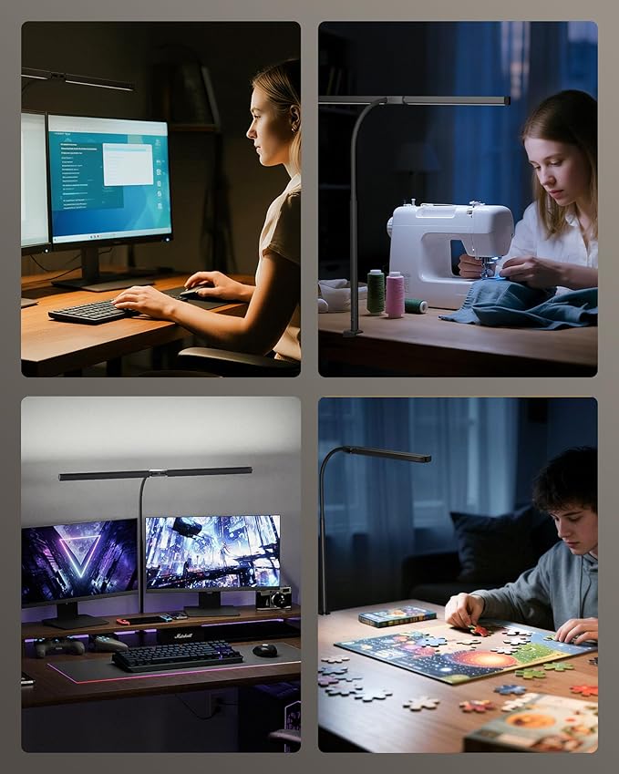 Eye-Caring Desk Lamp with Clamp, LED Desk Light Bar for Dual Monitors, Adjustable Gooseneck Table Lamp with 3 Color Modes, Smooth Dimming Office Desk Lamp for Home Office, Study, Computer Work