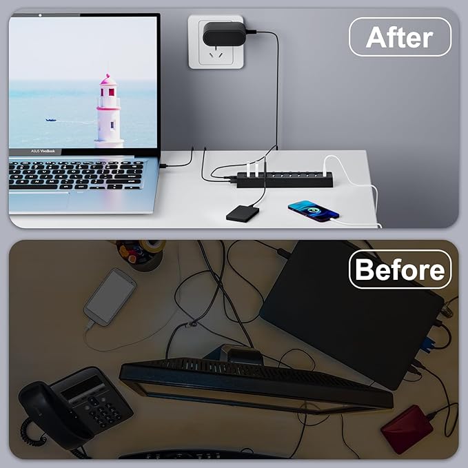 Powered USB Hub 3.0, 10-Port USB Splitter Hub with Individual On/Off Switches and 12V/2A Power Adapter USB Extension