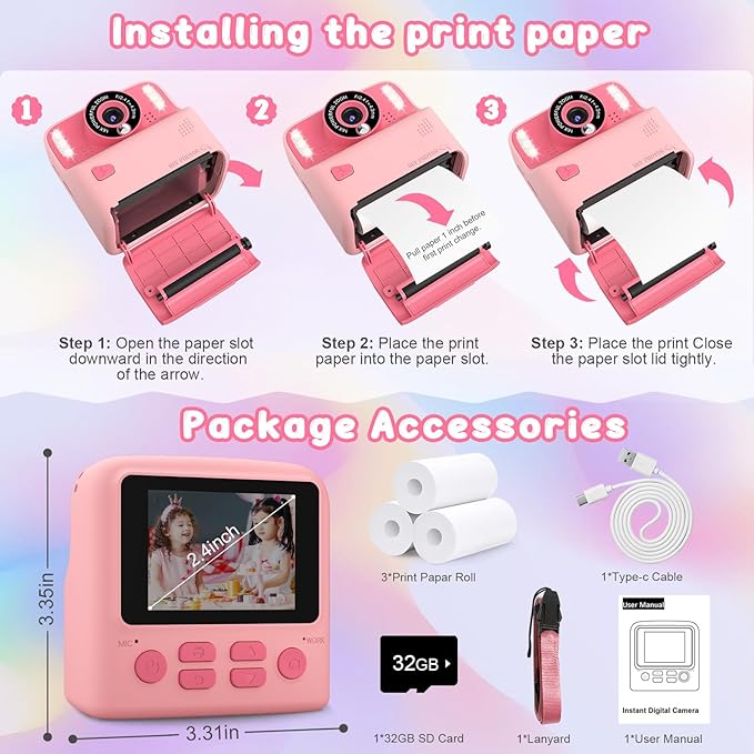 Kids Instant Print Camera, Portable Toys Camera for Toddler, Print Black & White Photos Instantly, Ideal Birthday for Boys & Girls Ages 3–12 (Pink)