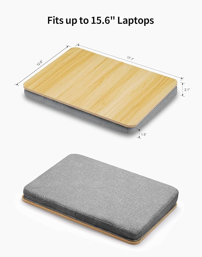 Lap Desk with Pillow Cushion, Portable Laptop Bed Desk, Fits up to 15.6 inch Laptop, Lap Stand for Bed & Couch & Carpet, Book Tablet/Drawing Board - Light Brown Wood