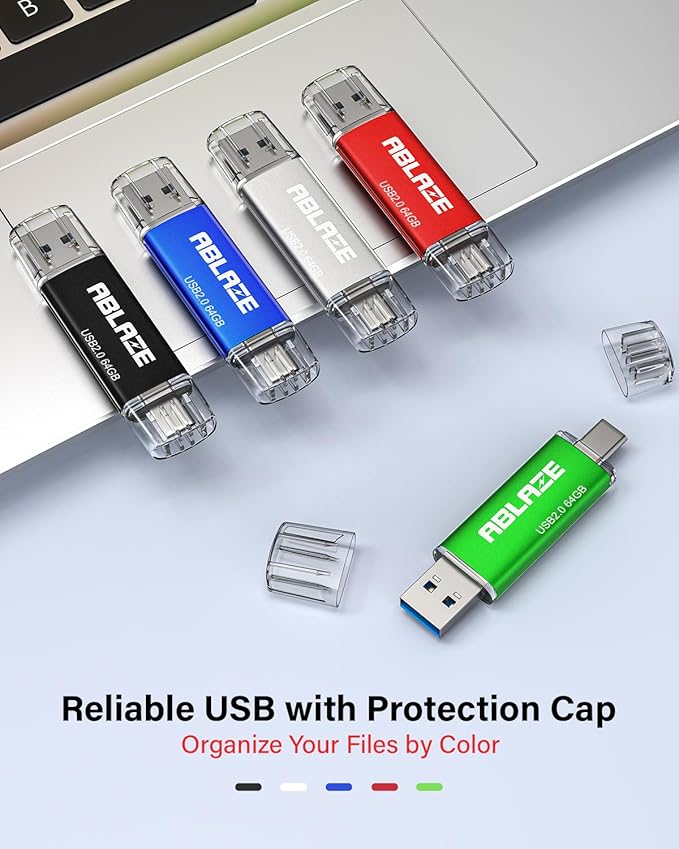 ABLAZE 64GB Type C Flash Drive 10 Pack, Dual USB 2.0+USB C Memory Stick Thumb Drive Compatible with iPhone 16/15, Android Smartphone, Computers, Tablets, Mac,iPad,PC