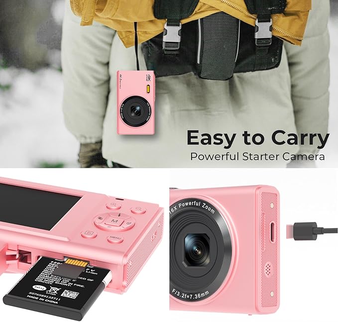 Digital Camera, FHD 4K 44MP Autofocus Point and Shoot Camera with 2.4" LCD 16X Zoom Portable Compact Cheap Camera for Teens Boys Girls Kids Adults (Pink)