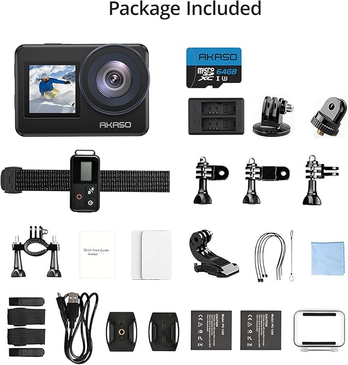 AKASO Brave 7 Action Camera 4K30FPS 20MP with 64GB U3 MicroSDXC Memory Card, Waterproof Camera with Touch Screen IPX8 33FT EIS 2.0 Zoom Support External Mic Voice Control with 2X 1350mAh Batteries