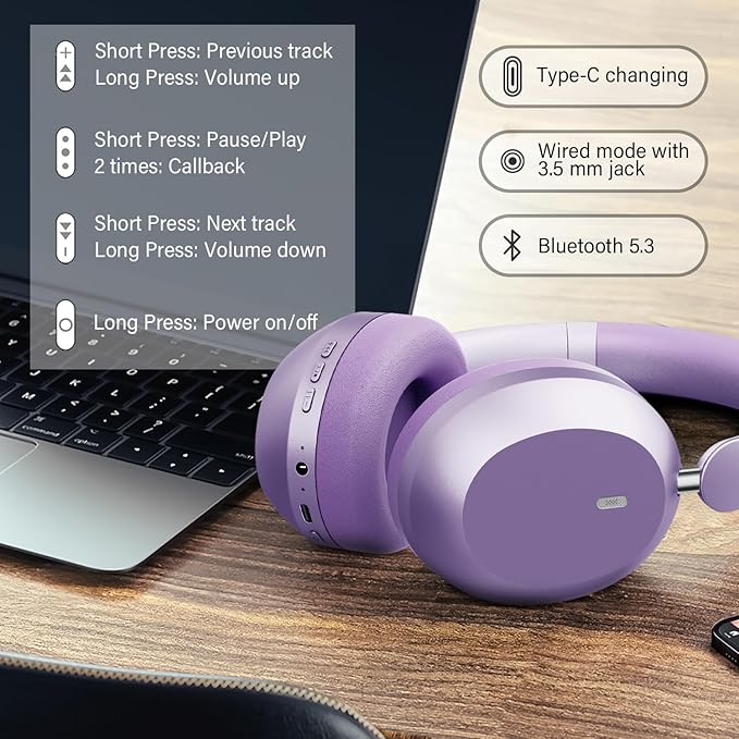 Y05 Bluetooth Headphones Wireless Over Ear with Microphone 48 Hours Playtime, High Sound Quality Foldable Soft Earpads Earphones for Travel - Purple