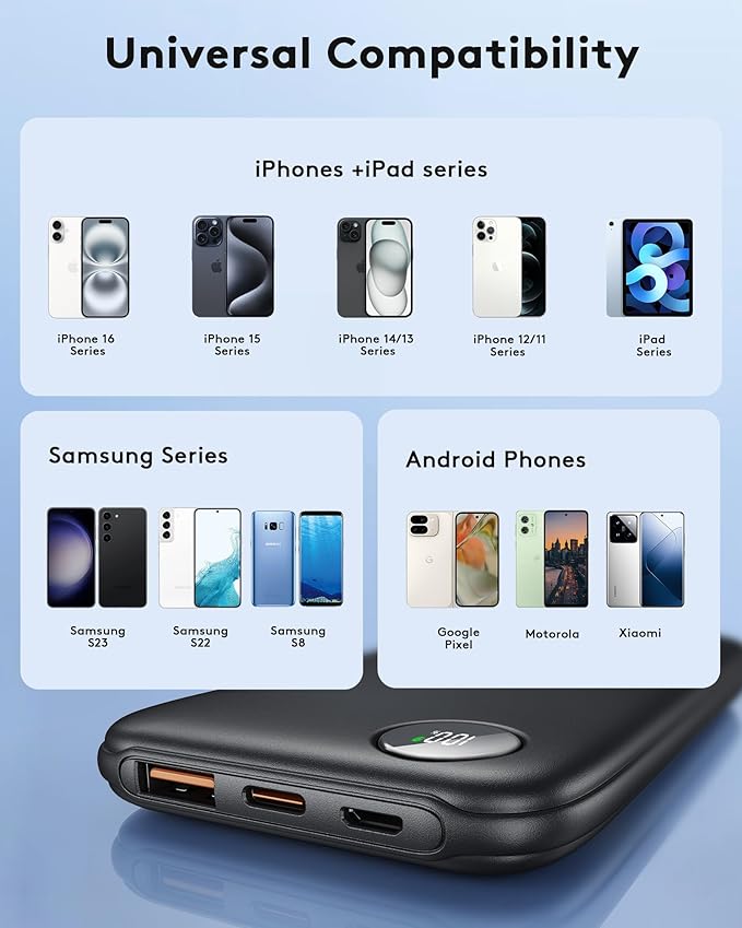 Powerbank Fast Charging Max 12V/4.5A, Ultra Slim Portable Charger USB C 10000mah, Travel Power Bank for iPhone 11 12 13 14 15 16 Samsung Android, DC Lightweight Battery Pack Phone Charger, Deep Black