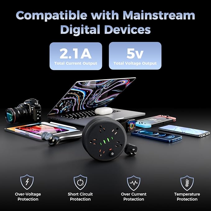 Power Strip Surge Protector-6.56 ft Retractable Travel Extension Cord Portable Powerstrip with 5 Outlet 2 Smart USB Port 2 USB C for Home Office Travel