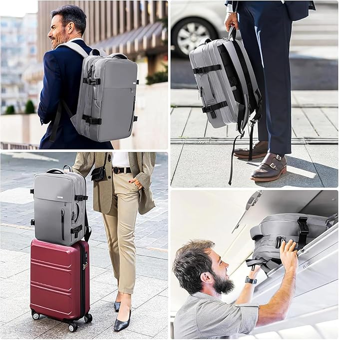 HOMIEE Carry on Backpack Extra Large Travel Bag, Expandable Hand Luggage Suitcase Anti-Theft Business Backpack, Water Resistant Lightweight Weekender Bag, Light Grey