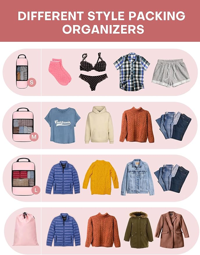 6 PCS Set Compression Packing Cubes for Travel, Lightweight Packing Organizer Bags Travel Essentials for Carry On, Suitcase, Home Closet - Pink