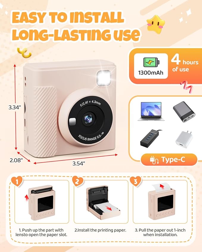 Kids Instant Print Camera, Christmas Birthday Gifts for Girls and Boys, 1080P HD Video Digital Kids Camera with Print Paper & 32G Card, Toddler Toy for 3-14 Years Old (Brown)