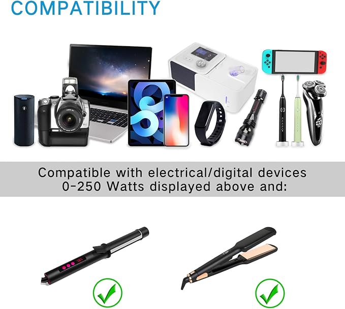 250 Watt Travel Voltage Converter, 100V-220V Travel Voltage Converter for Curlers, Hair Straighteners, Chargers with 4 USB Charging Ports and 3 AC Plugs, Includes A, C, D, G, I, L Plugs (Black)