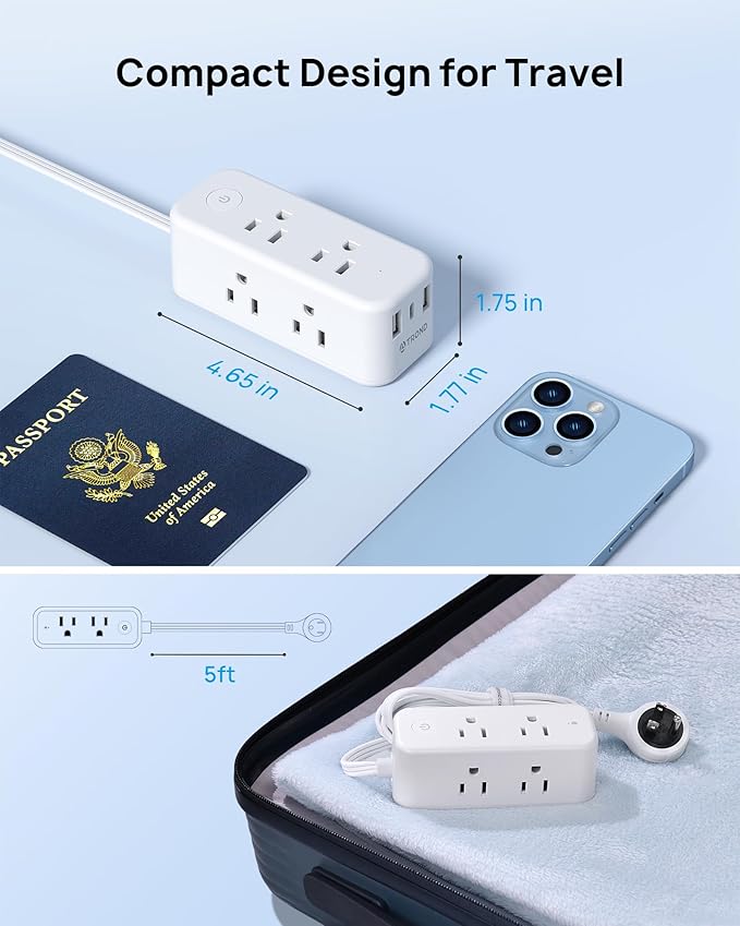 TROND 360° Rotating Flat Plug Power Strip, 6 Widely Spaced Outlets, 2 USB A and 1 USB C, 1440J Surge Protector, Wall Mountable, Extension Cord 5ft for Home Travel Office Dorm Room Essentials, White