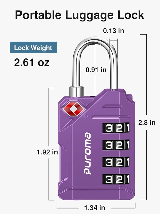 Puroma TSA Approved Luggage Locks, 2 Pack 4 Digit Resettable Travel Combination Code Lock with Zinc Alloy Body for Suitcase, Backpack, Laptop Bag, Gym Locker, Toolbox (Purple)