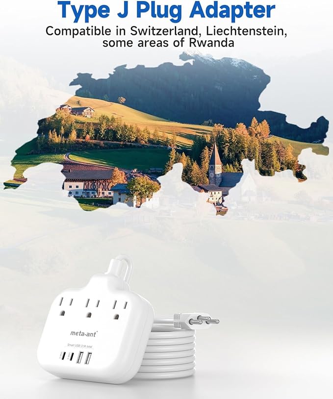 Switzerland Travel Plug Adapter with 5FT Extension Cord, meta-ant Type J Adapter with 3 Outlets 4 USB Ports(2 USB-C), Switzerland Power Adapter for US to Swiss Switzerland Liechtenstein Rwanda