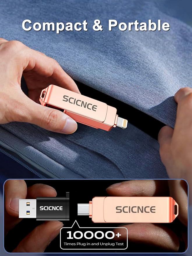 SCICNCE 256GB Flash Drive Intended for iPhone, USB Memory Stick Storage Backup for Photos Videos, Plug and Play No APP Required, Compatible with iPhone iPad Android and Computers (Rose Gold)