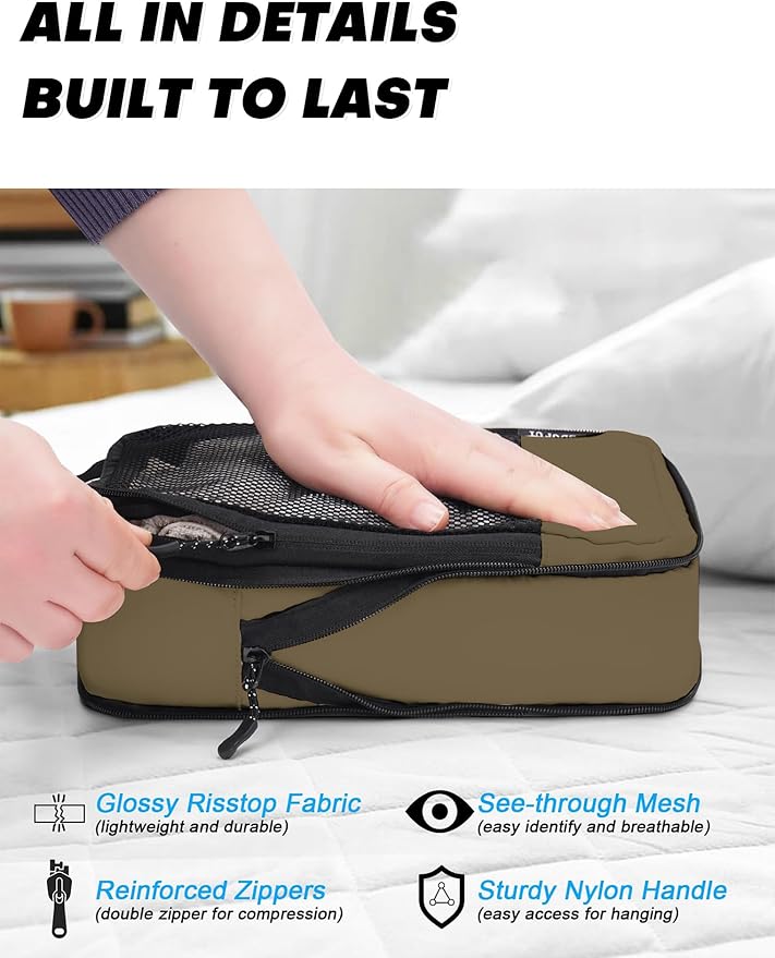 4 PCS Set Compression Packing Cubes for Travel, Lightweight Packaging Organizer Bags for Carry On Space Saving, Travel Essentials Cubes for Suitcase Backpack, Brown