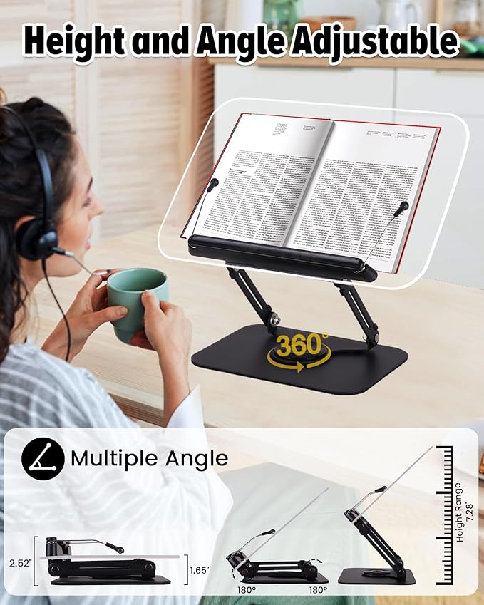 ASIEIT Book Stand for Reading, Acrylic Adjustable Book Holder with 360° Rotating Bases & Elastic Page Clips, Foldable Multifunctional Display Stand for Bible, Laptop, Recipe, Tablets, Textbook