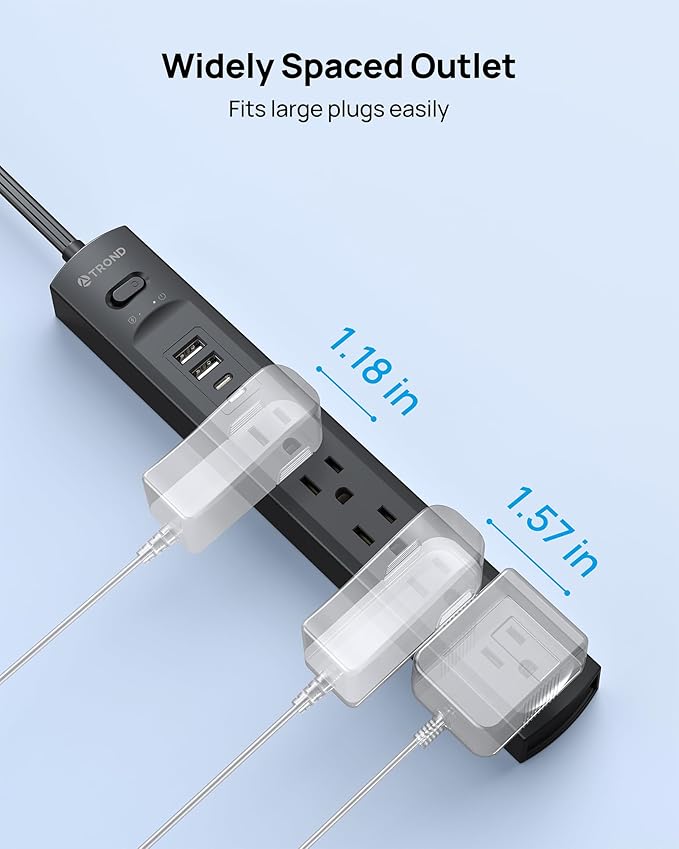 TROND 360° Rotating Plug Surge Protector Power Strip, 2 USB C and 2 USB A, 5 Widely Spaced Outlets, 1440J Surge Protection, Wall Mountable, Flat Cord Extension Cord 6ft for Home Office Dorm, Black
