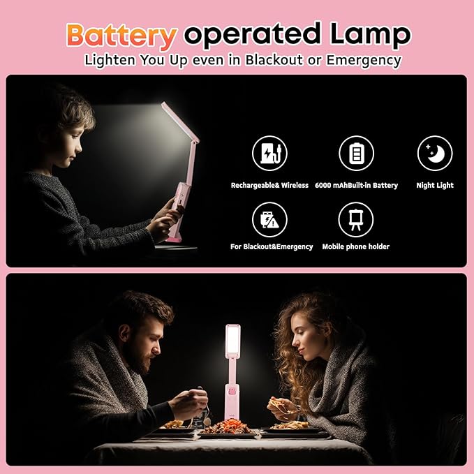VAVOFO Cute Desk Lamp, Foldable & Portable LED Lamp with 6000mAh Rechargeable Battery, 3 Color Modes, USB-C Cordless Study Lamp for Bedroom, Office, Kids Room (Pink)
