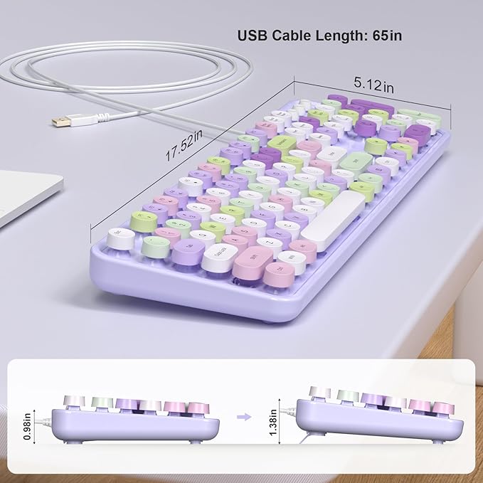 Colorful Computer Keyboards Wired, USB Plug and Play Full Size Typewriter Keyboard, Cute Aesthetic Keyboard with Foldable Stands for Windows PC Laptop (Purple)