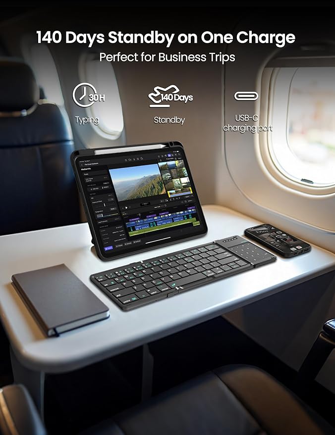 Nillkin Foldable Travel Keyboard with Touchpad & Number Pad, Bluetooth Wireless Portable Folding Full Size Keyboard with Trackpad for PC Laptop iPad Tablets Smartphone, Silicone Leather Cover, Black