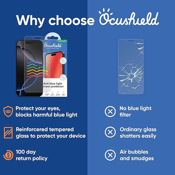 Ocushield Anti Blue Light Tempered Glass Screen Protector for iPhone 16 (6.1") - Protect Your Eyes, Reduce Migraines & Improve Sleep