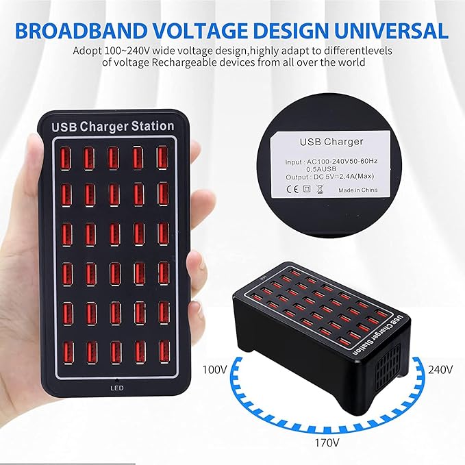 30 Port USB Charger, 150W/30A USB Smart Charger, 30-in-1 Desktop Charging hub, Multi-Port USB Charging Station for Samsung/iPhone/iPad/Google Pixel/Tablets and Other USB Electronics