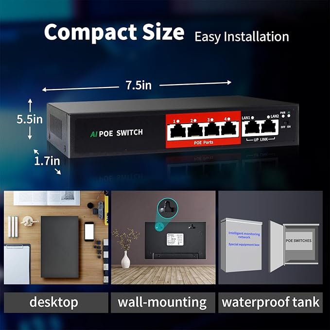 STEAMEMO AI PoE Switch, 52V 52W (4 POE Ports +2 Uplink) 100Mbps,802.3af/at, Unmanaged Network Extender Power Over Ethernet for IP, Extend Function,Metal Plug and Play