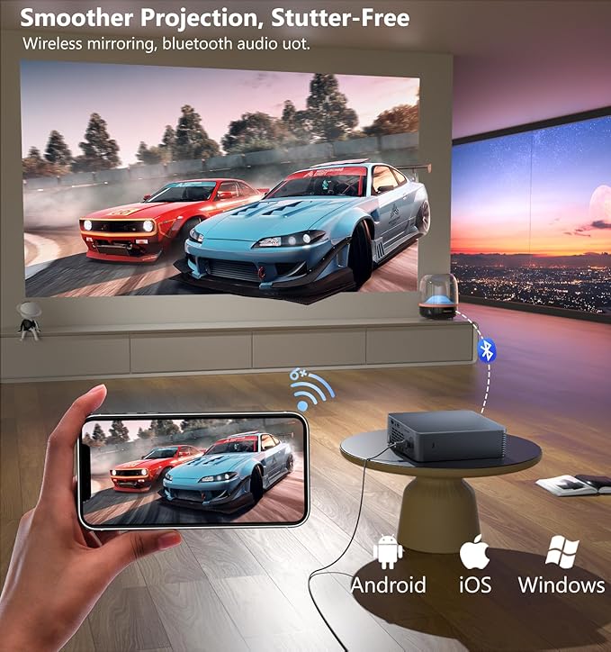 Projector with WiFi and Bluetooth, Native 1080P Portable Outdoor Movie Short Throw Projector with Android 14, Built-in Speaker, Compatible with Smartphone, Fire TV Stick, HDMI/USB