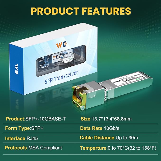 10G SFP+ to RJ-45 Transceiver, 1.25/2.5/5/10G-T Copper SFP+ CAT6a Module, Auto-Negotiation, Up to 30m, for Cisco SFP-10G-T-S, Ubiquiti UniFi UF-RJ45-10G, Meraki, TP-Link, Mikrotik, Netgear and More