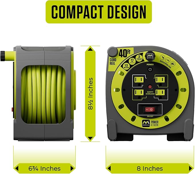 40ft Case Cord Reel, Retractable Extension Lead with Winding Handle, Safety Overload Circuit Breaker and Power Switch, 4X Grounded Outlets, 13amps, 14AWG Cable
