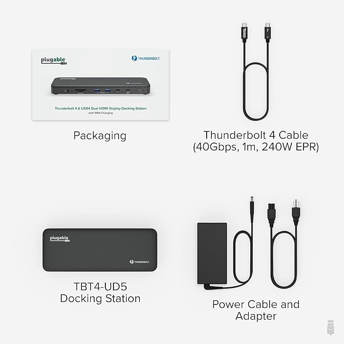 Plugable Thunderbolt 4 Dock with 100W Charging, Thunderbolt Certified, Laptop Docking Station Dual Monitor Single 8K or Dual 4K HDMI for Windows and Mac, 4X USB, Gigabit Ethernet (TBT4-UD5)