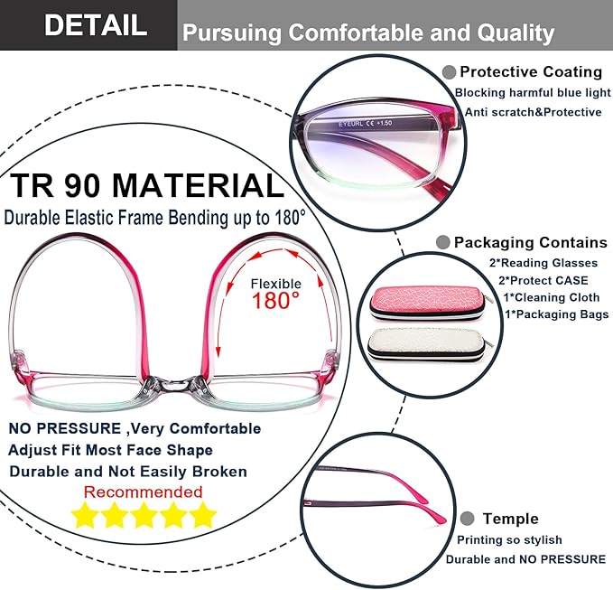 EYEURL Reading Glasses for Women, 2 Pack Blue Light Blocking Readers Lightweight Filter UV Ray/Glare Anti Eyestrain 1.0