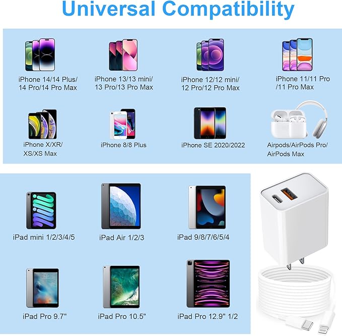 USB C Wall Charger,Dual Port 10FT iPhone Charger 20W PD+QC3.0 Power Adapter Fast Charging Block Plug with 10ft USB C to Lightning Cable for iPhone 14/14 Pro/14 Pro Max/13/12/11/Pro Max/XS/XR/X/AirPods