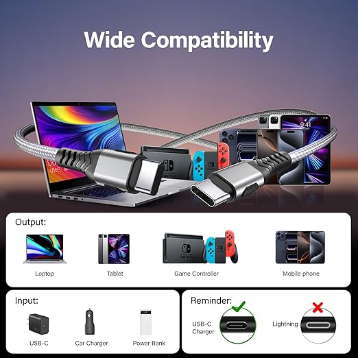2Pack USB C to USB C Cable, 10FT 100W Fast Charging Cable, 5A Type C Charger Cord Nylon Braided, Anti - Slip USB C Cord Compatible with i Phone 17 16 15 Pro Max, Samsumg G Alaxy, i Pad- Grey