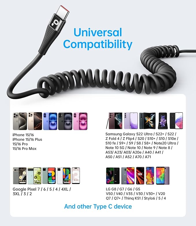 USB C to C Cable 3FT for Car, Coiled USB C Cable Fast Charging for iPhone 16, Short USB Type C Cable for iPhone 17/16/15/Pro Max/Plus/Samsung Galaxy S23, Compatible All Type C Devices-Black