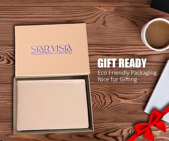 STAR VISTA Phoenix Leather Passport Holder, Calfskin Leather Travel Wallet - RFID Blocking, ID Window, Zipper Pocket, Pen & Notebook Included, AirTag Holder, Pale Pink