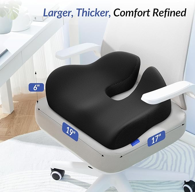ZIKEE Thickened Seat Cushion, Ergonomic Memory Foam Hemorrhoid Pillow for Hip, Sciatica, Long Sitting Relief, 6.0" Thick Office Chair Cushion with Widened Cutout for Tailbone Pain Relief in Car, Home