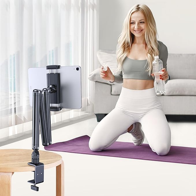 Tablet Desk Stand Holder, Extendable Arm Table Mount for iPad, Aluminum 360° Rotating Bracket with Metal Base, Compatible with 4.7-13 Inch Tablets, Phones, Samsung Galaxy, Kindle Fire HD